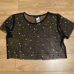 Sheer Black Crop Top with Pearl Accents